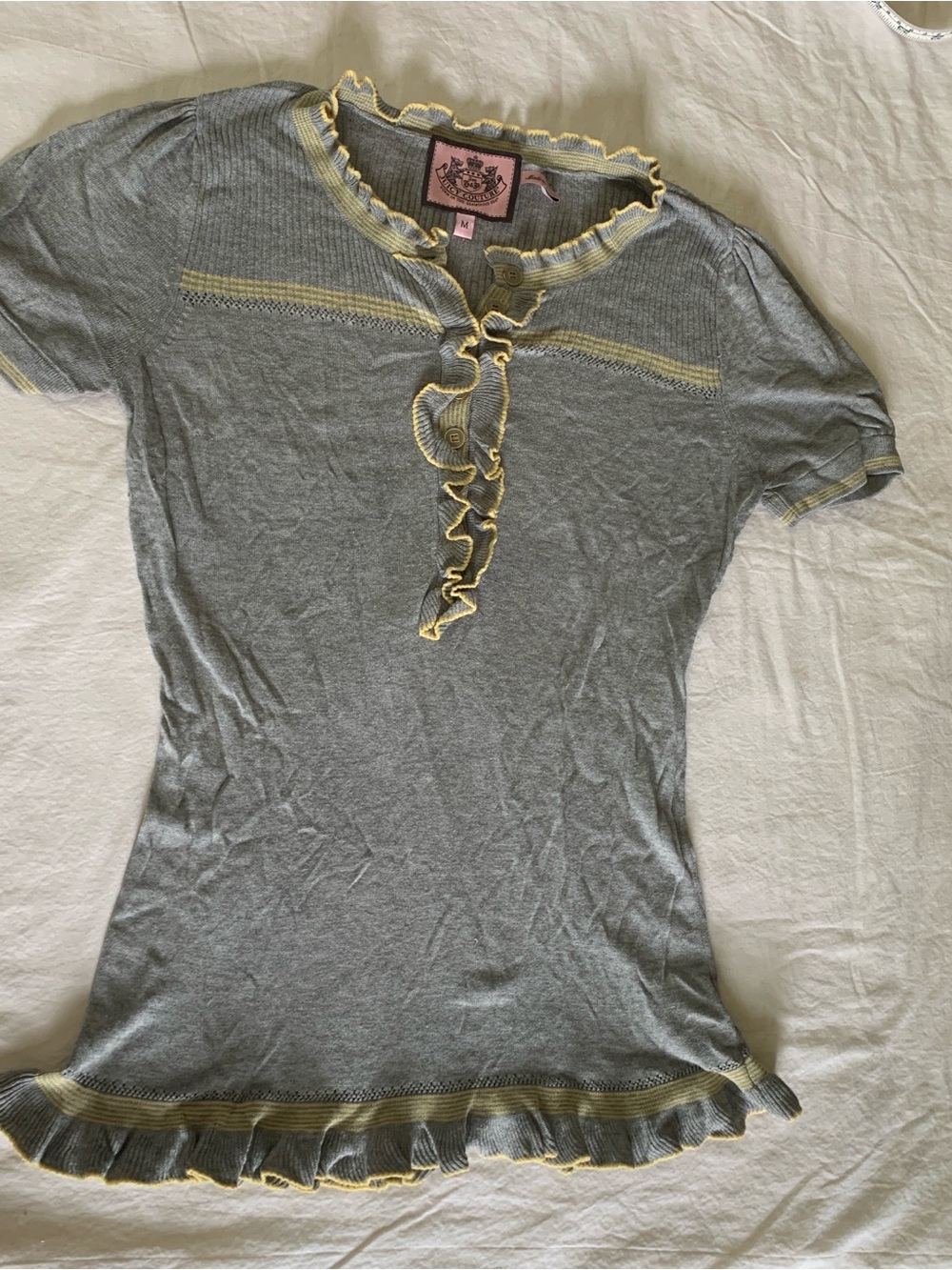 Juicy Couture Gray Short Sleeve Ruffle-Trim Tee with Yellow Edging